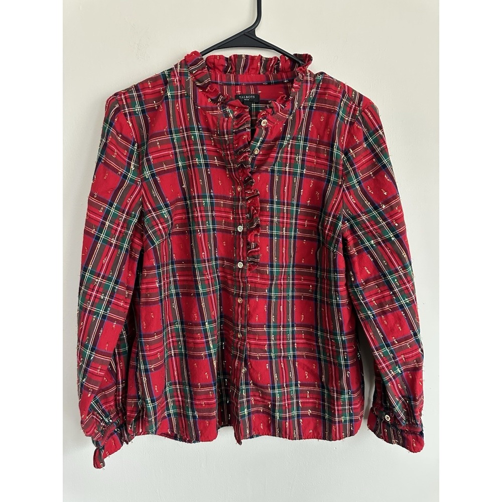 Talbots Solstice Metallic Button Down Medium Petite Stewart Tartan Scottish Twee - Picture 1 of 12